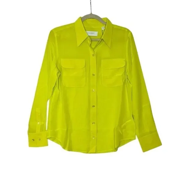 Equipment Slim Signature Neon Green Silk Long Sleeve Button Up ShirtSize M